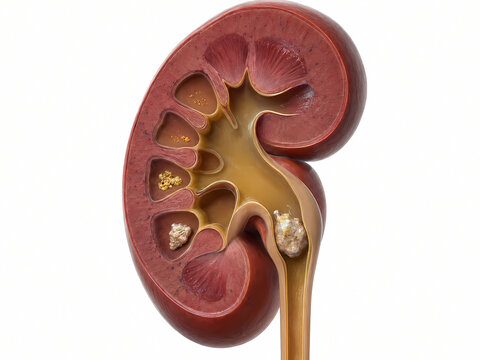 3D Cross Section Model of Human Kidney Displaying Kidney Stones Formation and Ureter Obstruction