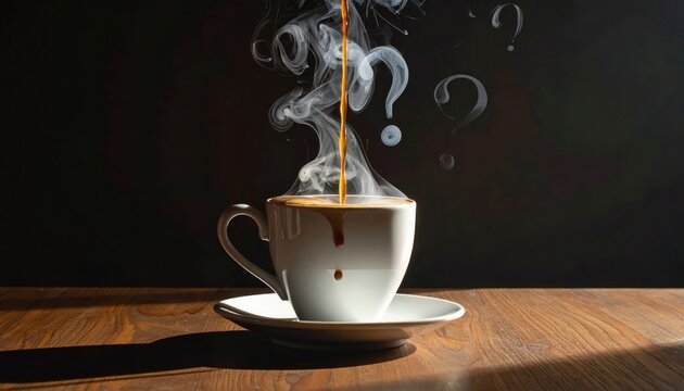 Coffee pouring into white cup with steam forming question marks on black