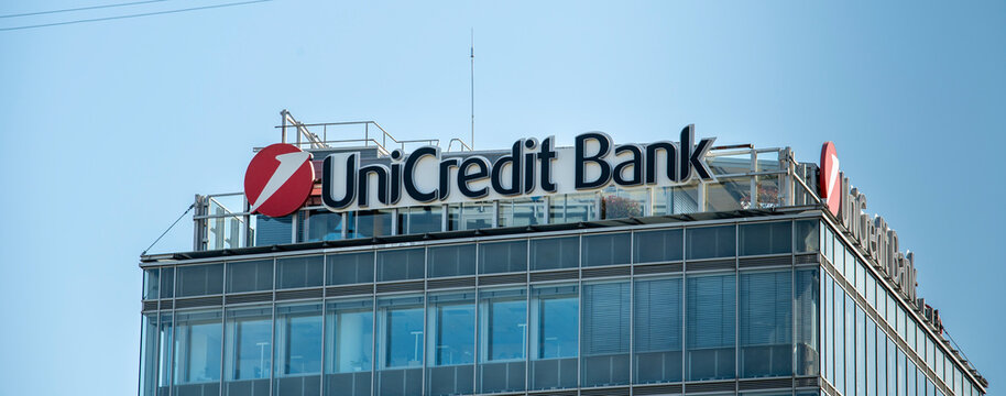 Bratislava, Slovakia - April, 27, 2026 :  UniCredit Bank sign on the building. Bratislava. Slovakia.