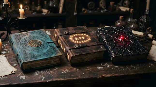 Three magical spellbooks with glowing runes and gemstones on a rustic wooden table in an alchemist laboratory