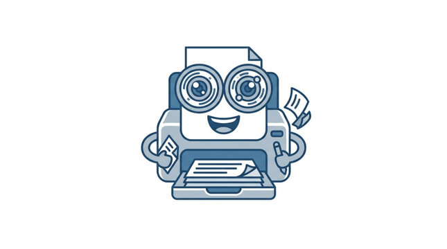 Cute cartoon printer character with big eyes and arms.