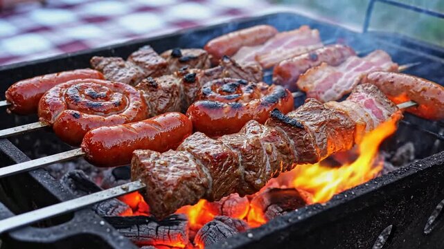 Sizzling Meat Skewers Grilling Over Hot Charcoal Flame | Delicious BBQ Barbecue