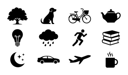 Fototapeta premium Vector Icon Set: Nature, Lifestyle, Transport, and Objects, 12 Simple Black Graphics for Web and Print