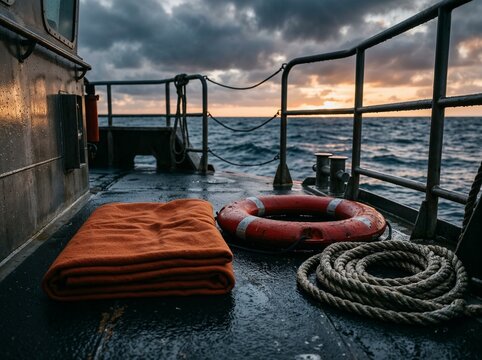 Orange blanket and lifebuoy on boat deck at sunset by ocean  