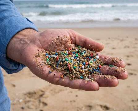 Person holding microplastics in hand at beach near ocean  