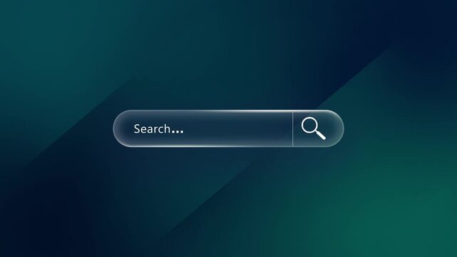 Minimalist search bar interface animation with typing text effect on dark gradient background