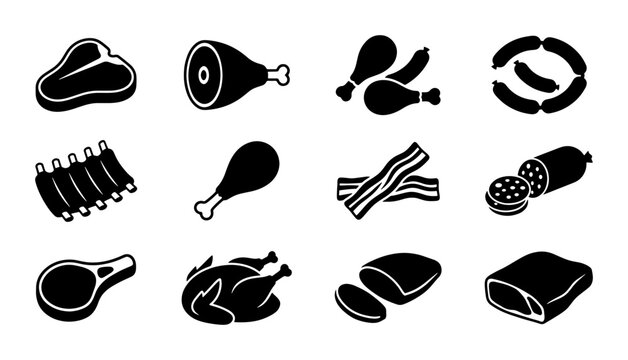 Meat Icons Set, Butcher Shop Vector Graphics, Protein Food Collection, Culinary Ingredients Clip Art, 12 Premium Food Icons