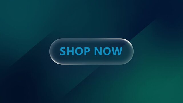 Shop now button animation with glassmorphism effect on dark gradient background, for e-commerce call, to action