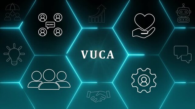 VUCA and strategic management. Smart management for new trend and rapid transition. Touching on VUCA text surrounded by volatility, uncertainty, complexity, ambiguity icons. Background, copy space.