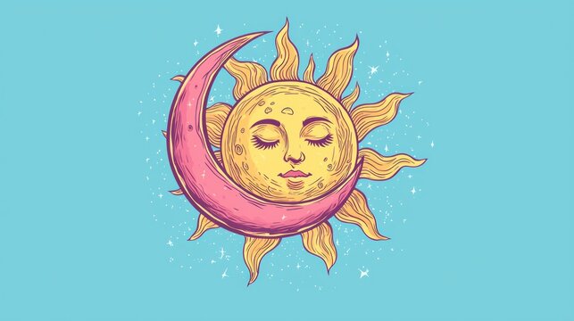 Celestial art, sun and moon, peaceful scene, decorative design