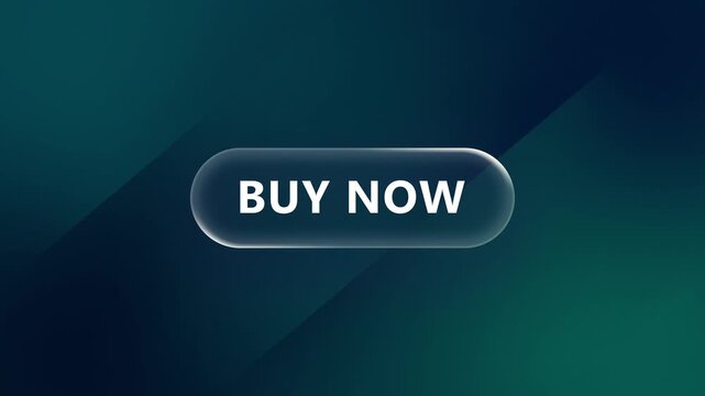 Buy now button animation with glassmorphism effect on dark green gradient background, for e-commerce and ui