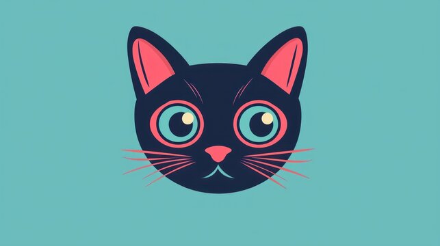 Cute cartoon cat head illustration, playful, flat design, simple, digital art, background, social media, possible use