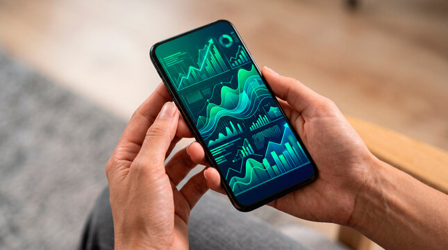 Person holding smartphone displaying financial market data charts and graphs