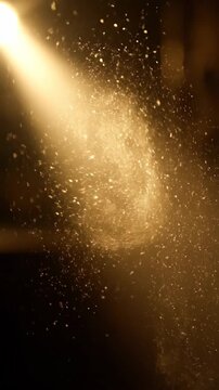 a mesmerizing display of golden particles illuminated by a warm beam of light floating against a dark background creating a sparkling dust effect