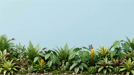Fototapeta premium Tropical green plants and exotic palm leaves border with a soft light blue background