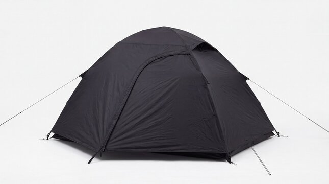 Modern black outdoor camping tent pitched on white background, lightweight shelter for adventure