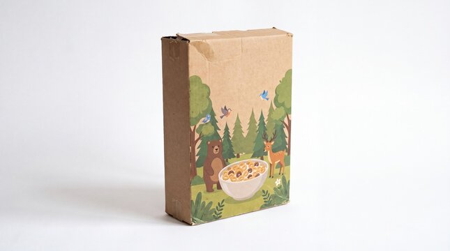 Cardboard cereal box with whimsical forest animal cartoon design and a bowl of cereal