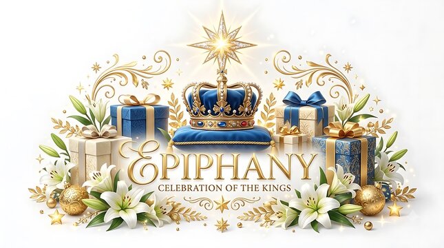 Epiphany celebration poster with crown and gifts. Religious holiday banner with gold star.