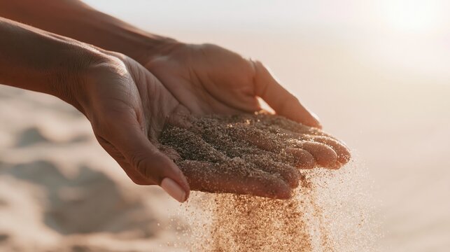 Person's hands gently letting grains of sand fall, symbolizing fleeting moments, freedom, and relaxation on a beach