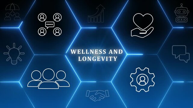 Wellness and Longevity Concept. A medical professional interacts with a digital interface displaying wellness and longevity icons, promoting health and long-term well-being.4k
