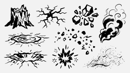Hand drawn vector illustration set of destruction impact explosion and debris elements including ground cracks craters smoke and shattered rocks © Artastic