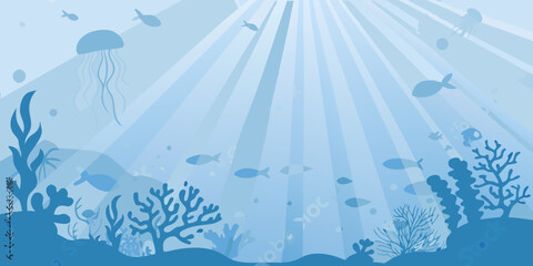 Blue Underwater Scene With Jellyfish And Coral Vector Illustration © Tapash