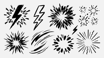 Hand drawn vector comic explosion and lightning bolt elements set with brush stroke texture for design © Artastic
