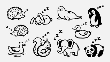 Cute sleeping animals doodle vector set featuring hedgehog rabbit seal penguin duck squirrel elephant and panda icons for children design © Artastic