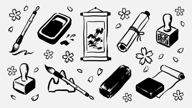Traditional East Asian calligraphy and ink painting tools vector illustration set with brushes inkstone scrolls and stamps