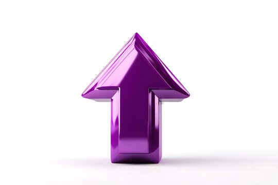 3D Purple Arrow Up Symbol with Reflective Metallic Finish on White Background