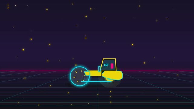 Retro steamroller driving on neon grid with glowing particles in dark space motion graphic.