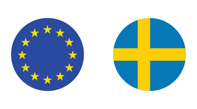 European Union and Sweden round flag icons vector, EU and Swedish circular national symbols isolated on white background