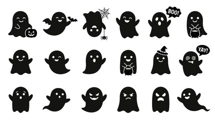 Fototapeta premium Halloween ghost silhouette icons, set of 18 cute spooky ghost characters. Black ghost vector illustrations for holiday party decor and stickers.