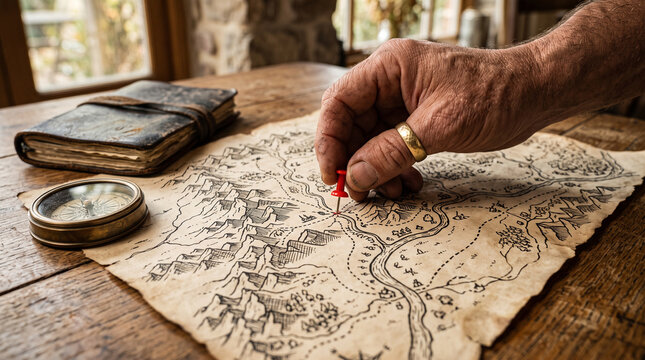 A weathered hand places a red pin on a hand-drawn vintage map, surrounded by a compass and old journal, symbolizing quest planning.