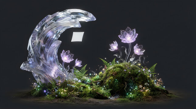 Beautiful crystal crescent moon sculpture with glowing lotus flowers and green mossy base