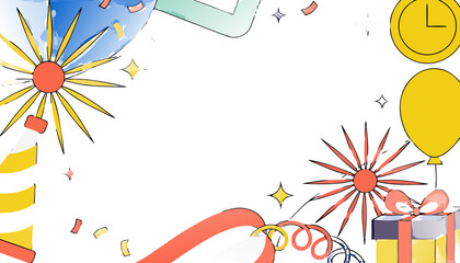 Obraz premium Lively celebration border with festive elements like colorful balloons, sparkling confetti, gift presents, and party streamers, ideal for joyful events, announcements, or greeting cards
