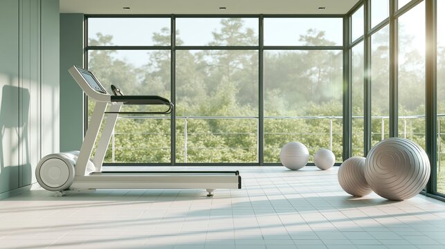 Modern fitness room with treadmill and exercise balls, large windows overlooking lush green forest, wellness space design