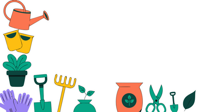 Gardening tool set illustration featuring watering can pots plants shovel and rake in a flat vector border design