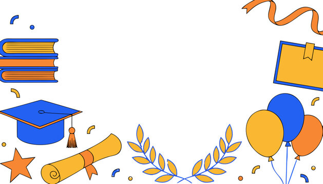 Graduation ceremony banner template background with mortarboard diploma books balloons and copy space