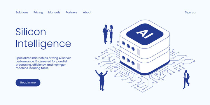 Isometric AI microchip vector illustration. Artificial intelligence processor and server concept with people on a circuit board. Clean IT technology landing page layout