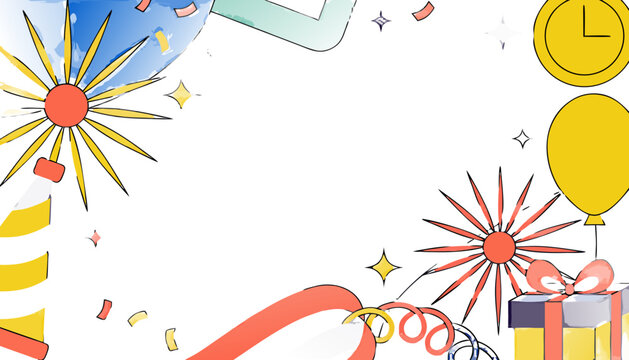 Lively celebration border with festive elements like colorful balloons, sparkling confetti, gift presents, and party streamers, ideal for joyful events, announcements, or greeting cards