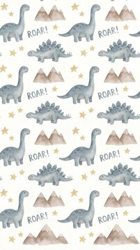 Children's dinosaur pattern with diplodocus, mountains, and stars.