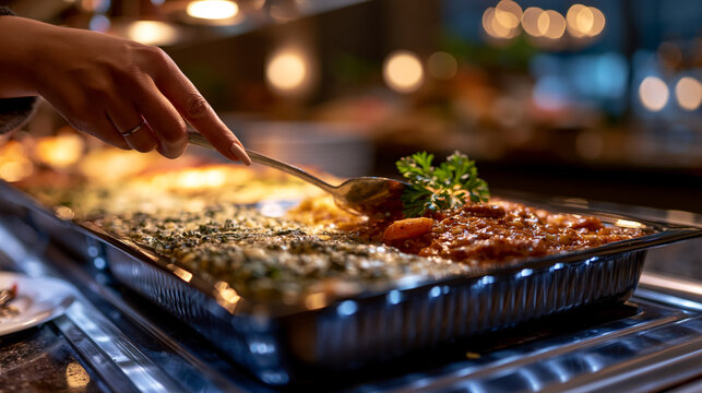 Serving food from a warm buffet tray at a catering event with catering, restaurant