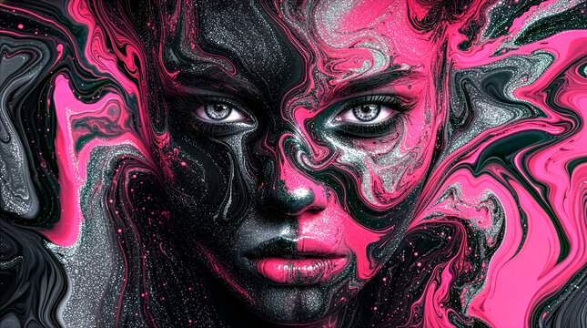 Surreal artistic portrait of a woman's face with vibrant pink, glittery silver, and black fluid swirls, glitter and intense eyes