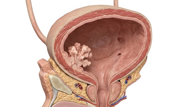 High Resolution Bladder Anatomy with Papillary Urothelial Carcinoma Urinary Tract Disease Medical Illustration Isolated on White