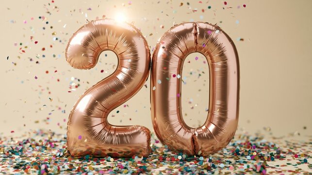Rose gold number 20 balloons and colorful confetti for a festive birthday or anniversary celebration