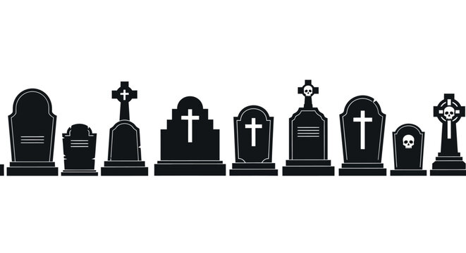 Spooky Halloween gravestone silhouettes set, black cemetery headstones with crosses and skulls, 10 tombstone vector icons for gothic design