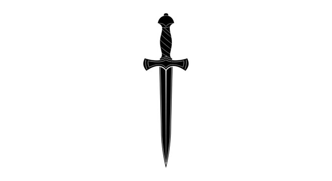 Medieval dagger vector illustration, black silhouette of a fantasy short sword, antique blade icon for gaming and heraldry designs