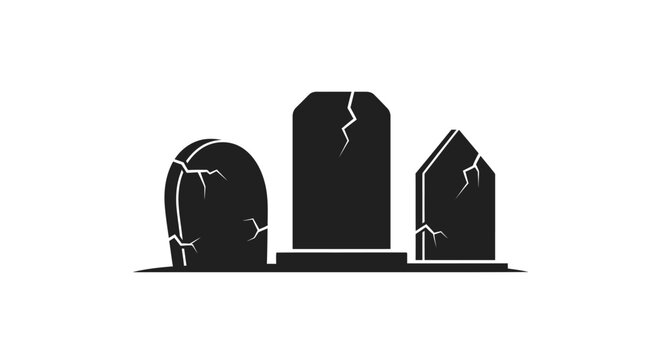 Spooky Halloween gravestone silhouettes with cracks, old cemetery headstones vector icon, black graveyard tombstone set on white background