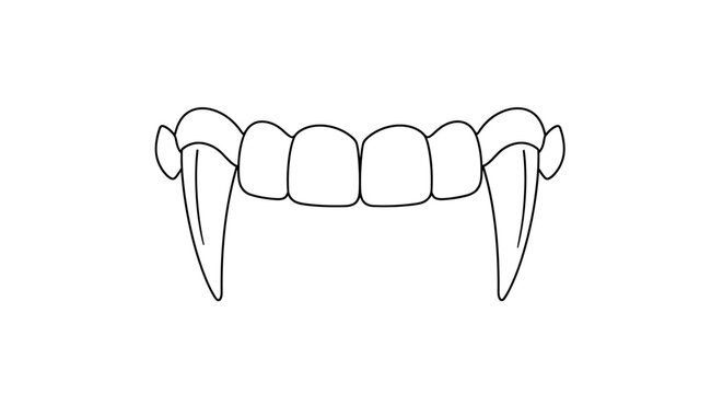Vampire fangs line art illustration, spooky dracula teeth vector icon, minimalist halloween monster mouth outline for coloring or logo design